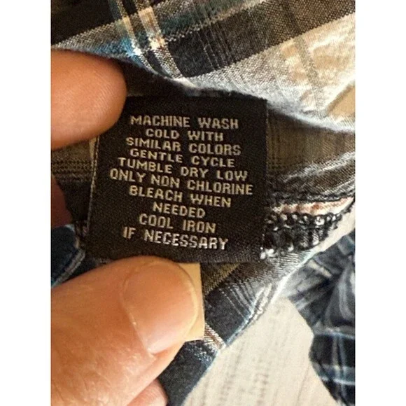 Buckle Black Men’s Shirt Small Slim Fit Snaps Plaid Black White Blue Long Sleeve - Picture 5 of 6